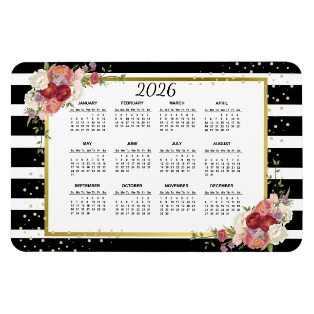 Magnet Flexible Calendrier Floral Or Blanc Noir 2026 (Horizontal)