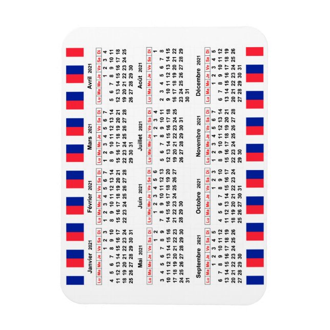 Magnet Flexible Calendrier français 2021 (Vertical)