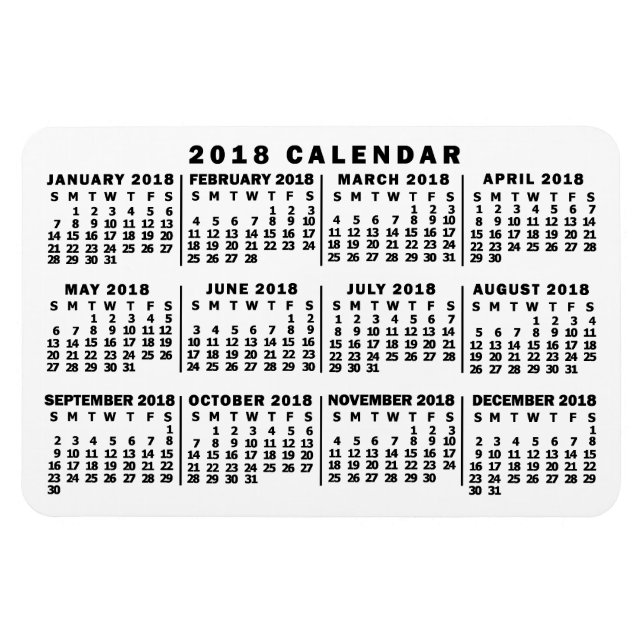 Magnet Flexible Calendrier mensuel 2018 Année Classique Blanc et N (Horizontal)