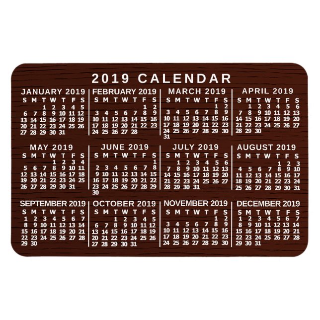 Magnet Flexible Calendrier mensuel 2019 Brown Wood Grain Simple (Horizontal)