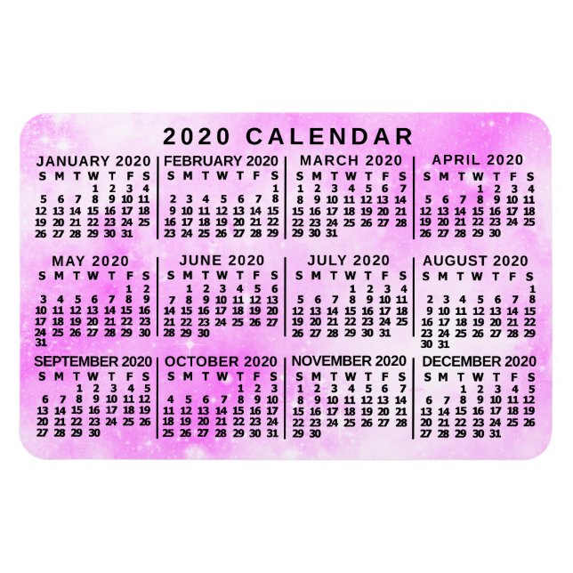 Magnet Flexible Calendrier mensuel 2020 Étoiles d'aquarelle rose (Horizontal)