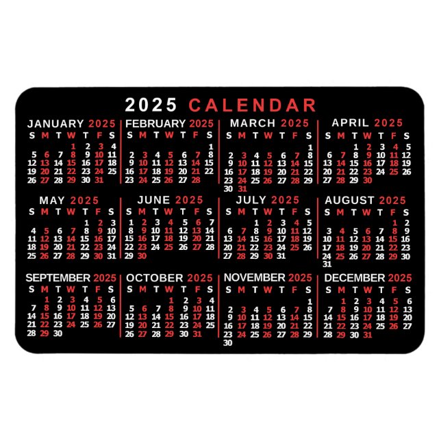 Magnet Flexible Calendrier mensuel 2025 Année Classique Noir Rouge (Horizontal)