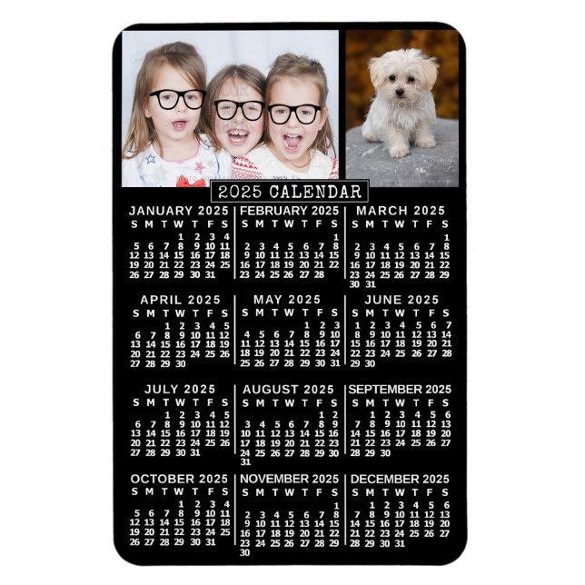 Magnet Flexible Calendrier mensuel 2025 Année Noir | Modèle photo (Vertical)