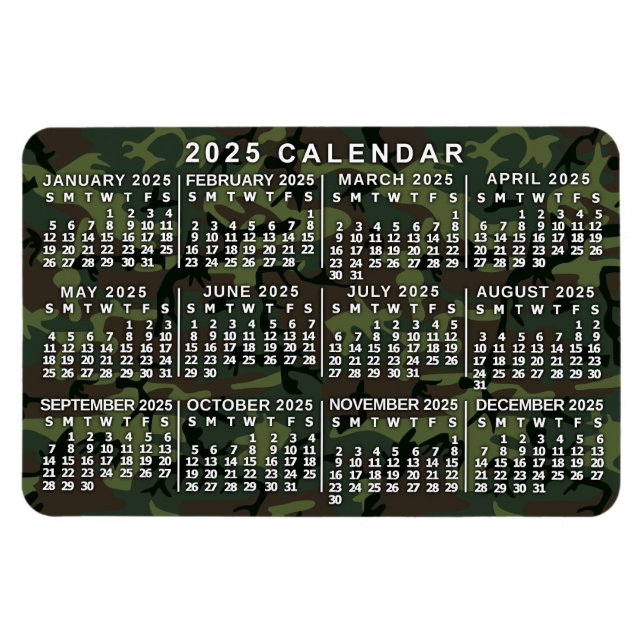Magnet Flexible Calendrier mensuel 2025 Camouflage Camo Green (Horizontal)
