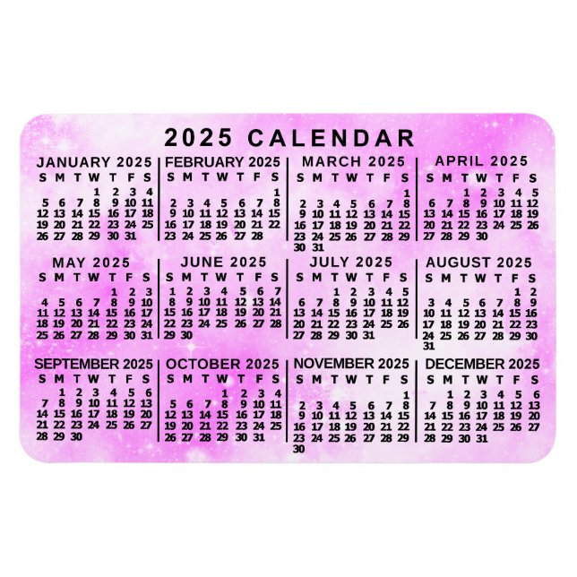 Magnet Flexible Calendrier mensuel 2025 Étoiles d'aquarelle rose (Horizontal)