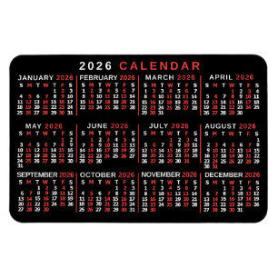 Magnet Flexible Calendrier mensuel 2026 Classique Noir Rouge Blanc