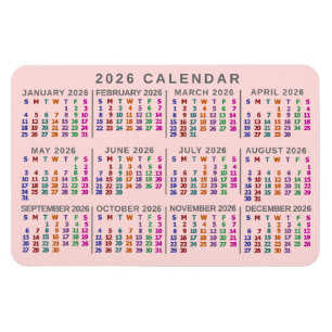 Magnet Flexible Calendrier mensuel 2026 couleur rose pastel coloré