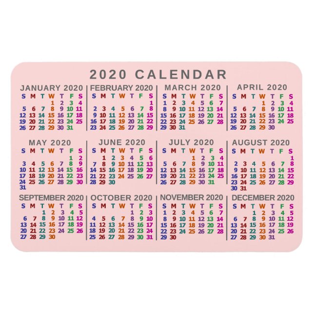 Magnet Flexible Calendrier mensuel de 2020 année rose pâle (Horizontal)