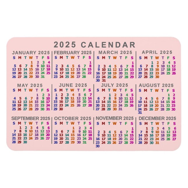 Magnet Flexible Calendrier mensuel de 2025 Rose pâle (Horizontal)