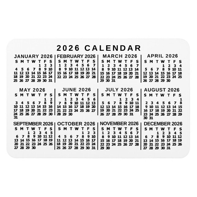 Magnet Flexible Calendrier mensuel de l'année 2026 blanc et noir c (Horizontal)