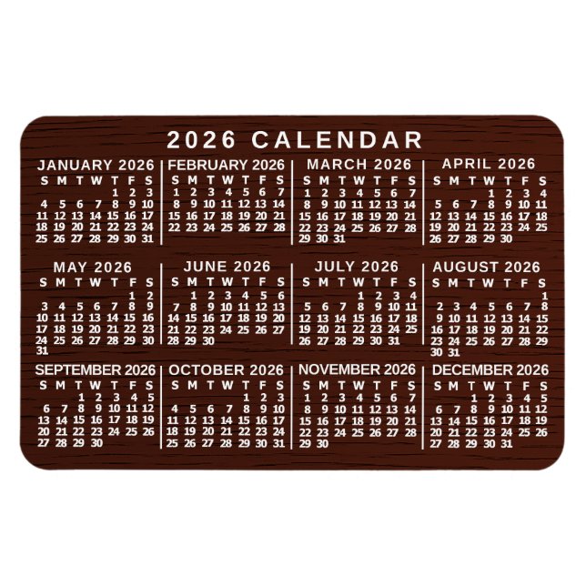 Magnet Flexible Calendrier mensuel de l'année 2026 Brun Grain de b (Horizontal)