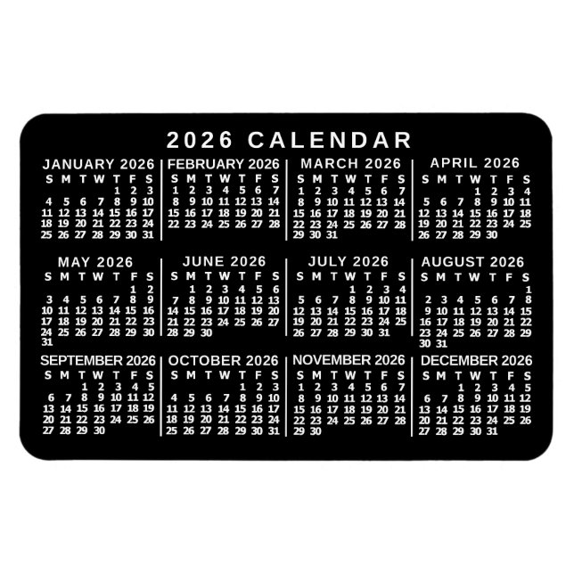 Magnet Flexible Calendrier mensuel de l'année 2026 Classique Noir  (Horizontal)