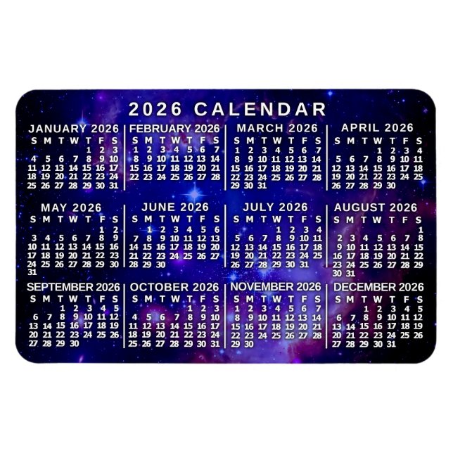 Magnet Flexible Calendrier mensuel de l'année 2026 Nébuleuse Espac (Horizontal)