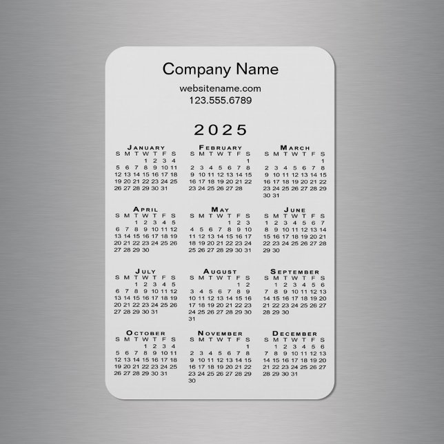 Magnet Flexible Calendrier minimum 2025 Nom de l'entreprise Inform (Minimal 2025 Calendar Company Name Info on Grey Magnet in situ)