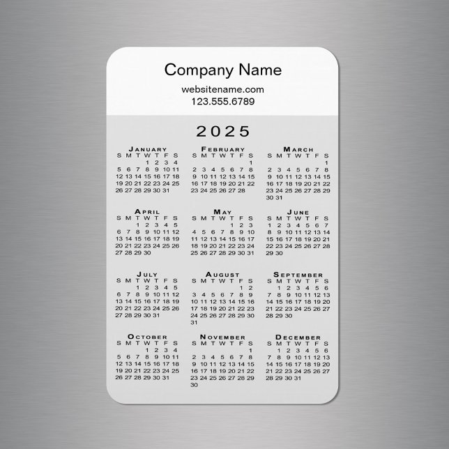 Magnet Flexible Calendrier moderne 2025 Nom de l'entreprise Info G (Modern 2025 Calendar Company Name Info Grey White Magnet in situ)
