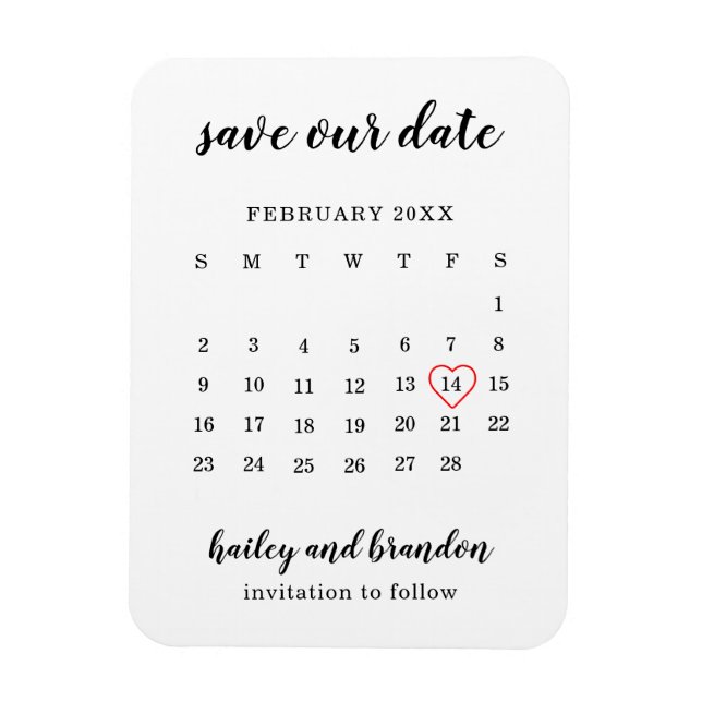 Magnet Flexible Calendrier moderne Mariage au coeur rouge Enregist (Vertical)