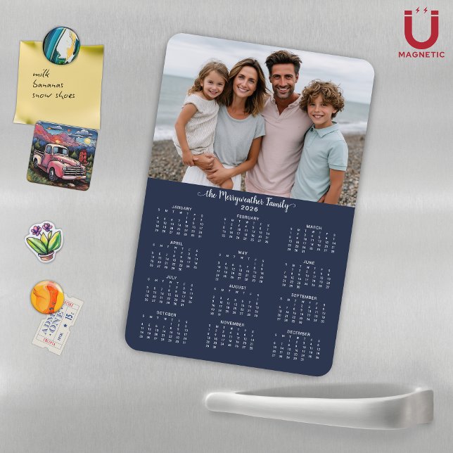 Magnet Flexible Calendrier photo de famille personnalisée bleu mar (2026 Navy Blue Personalized Family Photo Calendar Magnet)