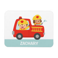 Camion feu rouge avec pompier garçon et chiot