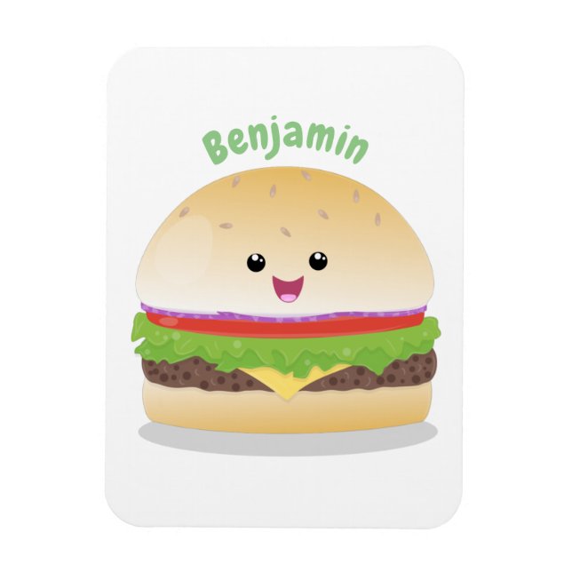 Magnet Flexible Caricature de hamburger kawaii joyeux (Vertical)