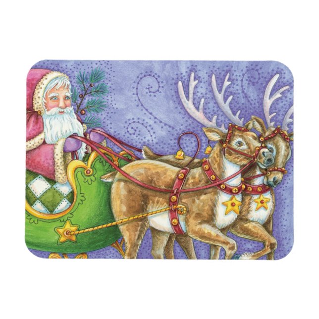 Magnet Flexible Caricature de Noël Santa Claus Sleigh Reindeer (Horizontal)
