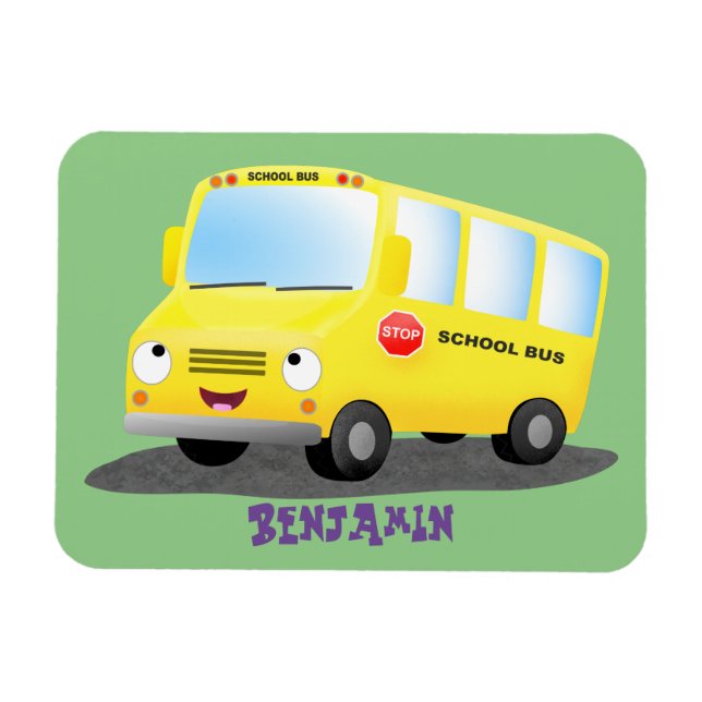 Magnet Flexible Caricature du bus scolaire jaune joyeux (Horizontal)