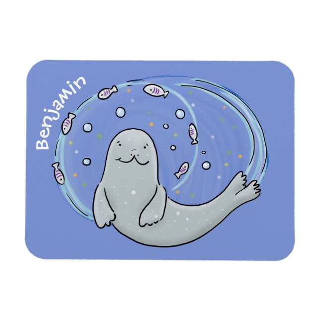 Magnet Flexible Caricature joyeux de phoque et de poisson bleu (Horizontal)