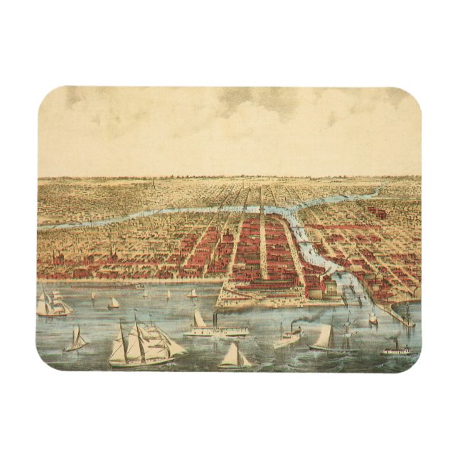 Magnet Flexible Carte antique de Chicago, rue LaSalle et rivière (Horizontal)