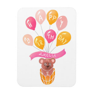 Magnet Flexible Carte d'anniversaire fille ballons roses ourson mi
