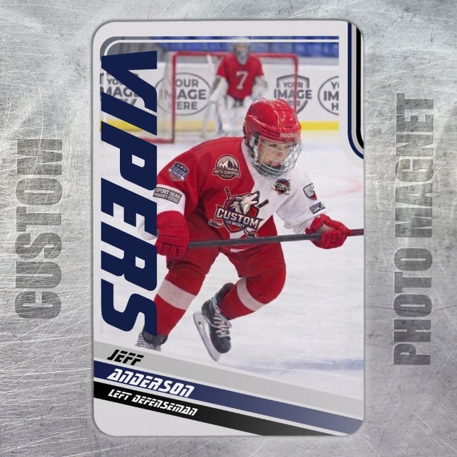 Magnet Flexible Carte de commerce Blue Ice Hockey (Ice Hockey Trading Card Magnet: Dynamic blue design with green & black stripes. Perfect for kids!)