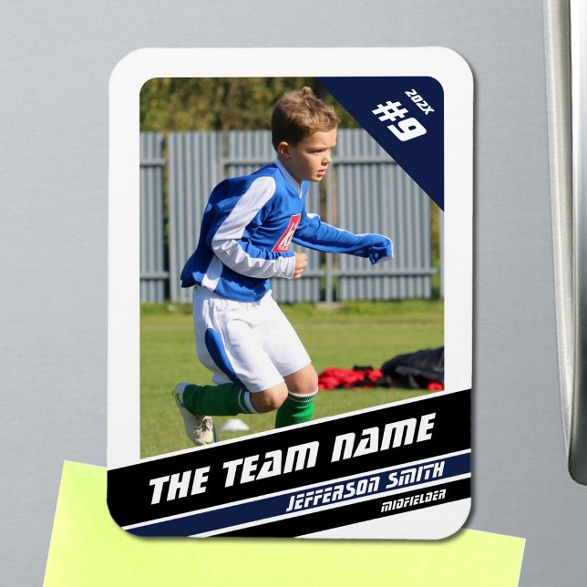 Magnet Flexible Carte de commerce joueur de football en bleu vif b (Soccer Player Magnet in White with Custom Team Name and Blue Black Elements)