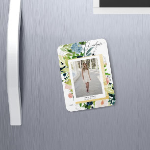 Magnet Flexible Carte de graduation photo florale bleu nuit