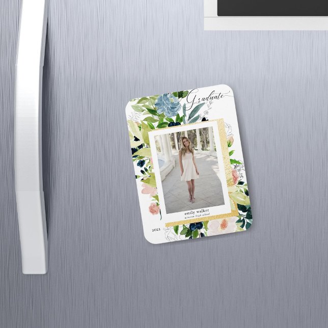 Magnet Flexible Carte de graduation photo florale bleu nuit (Créateur téléchargé)
