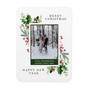 Magnet Flexible Carte de Noël photo Pine Holly Berries