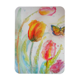 Magnet Flexible Carte de vœux aquarelle tulipe et papillon colorés