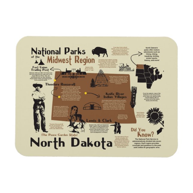 Magnet Flexible Carte des parcs nationaux du Dakota du Nord (Horizontal)