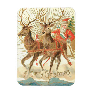 Magnet Flexible Carte postale de Noël vintage, Père Noël avec renn