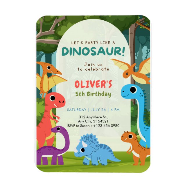 Magnet Flexible Carton d'invitation d'anniversaire 5 ans T-rex Din (Vertical)