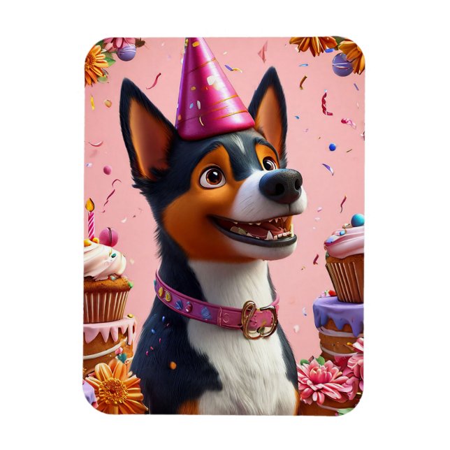 Magnet Flexible Célébration d'anniversaire avec un chien heureux (Vertical)