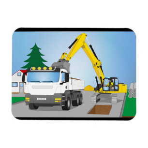 Magnet Flexible Chantier de route avec camion blanc et excavateur 
