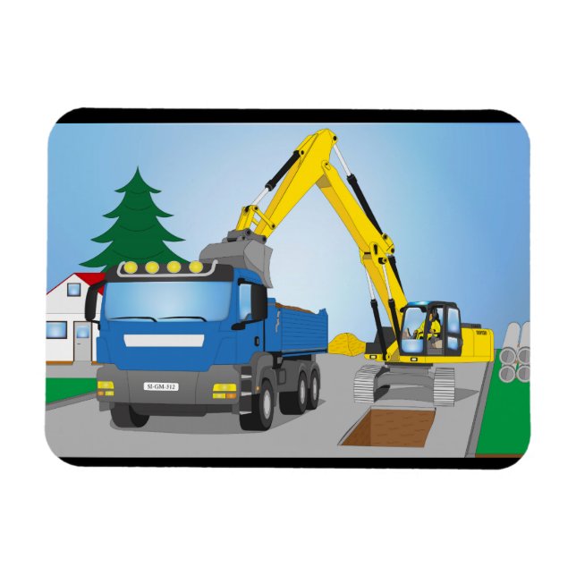 Magnet Flexible Chantier de route avec camion bleu et drague jaune (Horizontal)