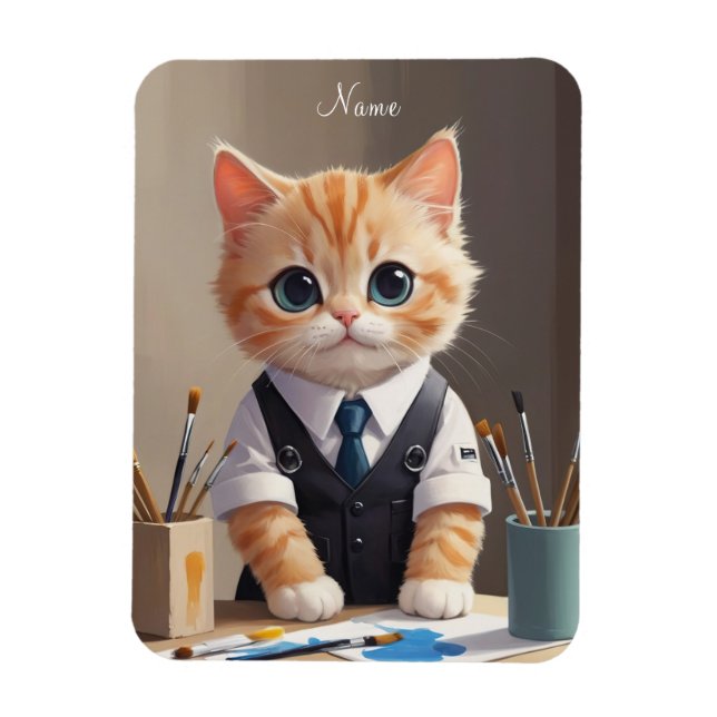 Magnet Flexible Charming Ginger Cat Artiste avec pinceaux mignonne (Vertical)