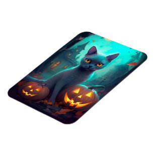 Magnet Flexible Chat bleu russe d'Halloween avec la peur Citrouill