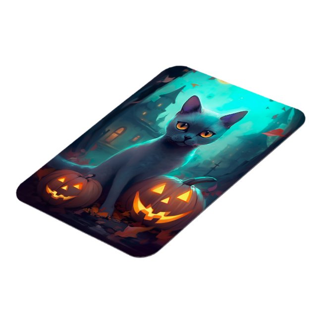 Magnet Flexible Chat bleu russe d'Halloween avec la peur Citrouill (Côté Gauche)
