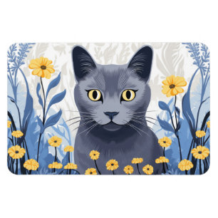 Magnet Flexible Chat Bleu Russe Fleurs Jaunes