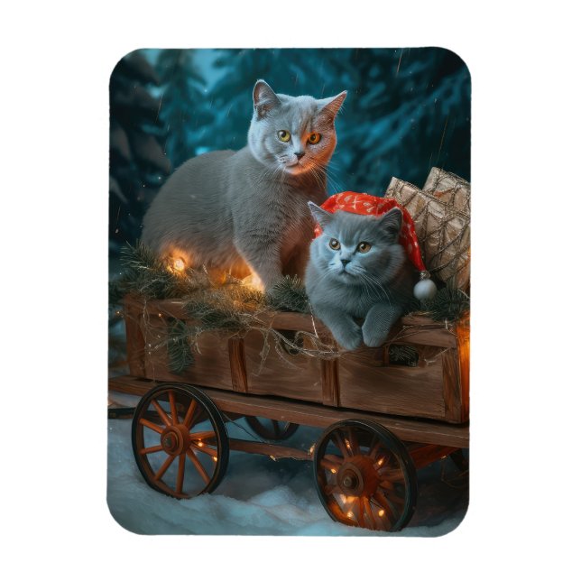 Magnet Flexible Chat Bleu Russe Sleigh Neigeux Décor Noël (Vertical)