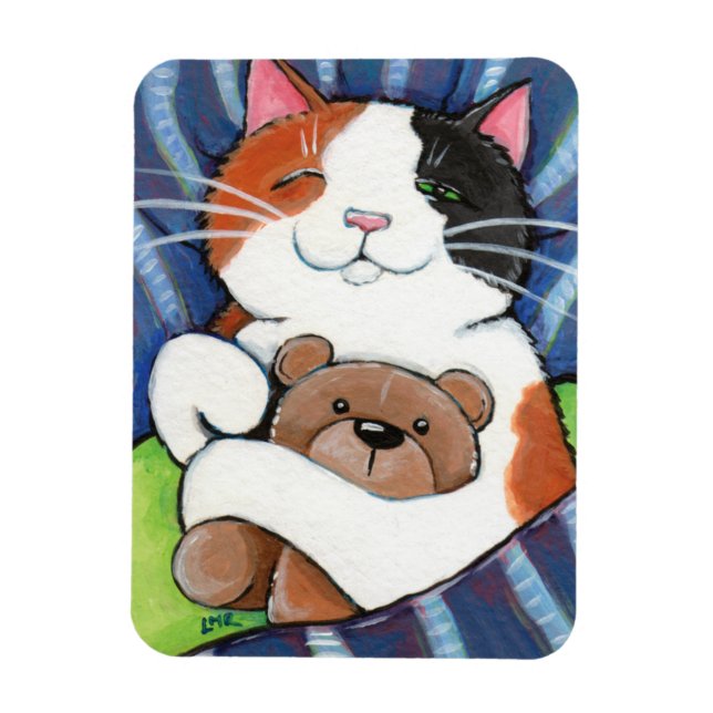 Magnet Flexible Chat Calico couché et ours en peluche (Vertical)