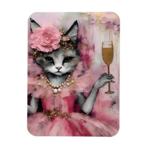 Magnet Flexible Chat dans une robe rose avec un verre d'or
