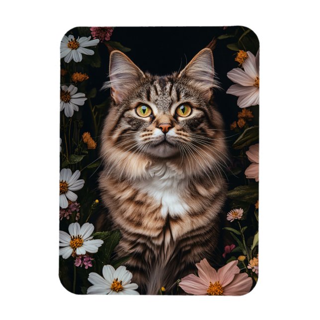 Magnet Flexible Chat de Maine Coon entouré de fleurs Flexibles (Vertical)