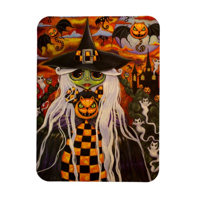 Magnet Flexible Chat-fille Halloween Vert Citrouilles, Fantômes (Vertical)