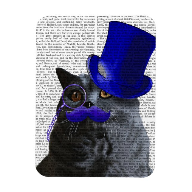 Magnet Flexible Chat gris avec chapeau bleu et moustache bleue (Vertical)